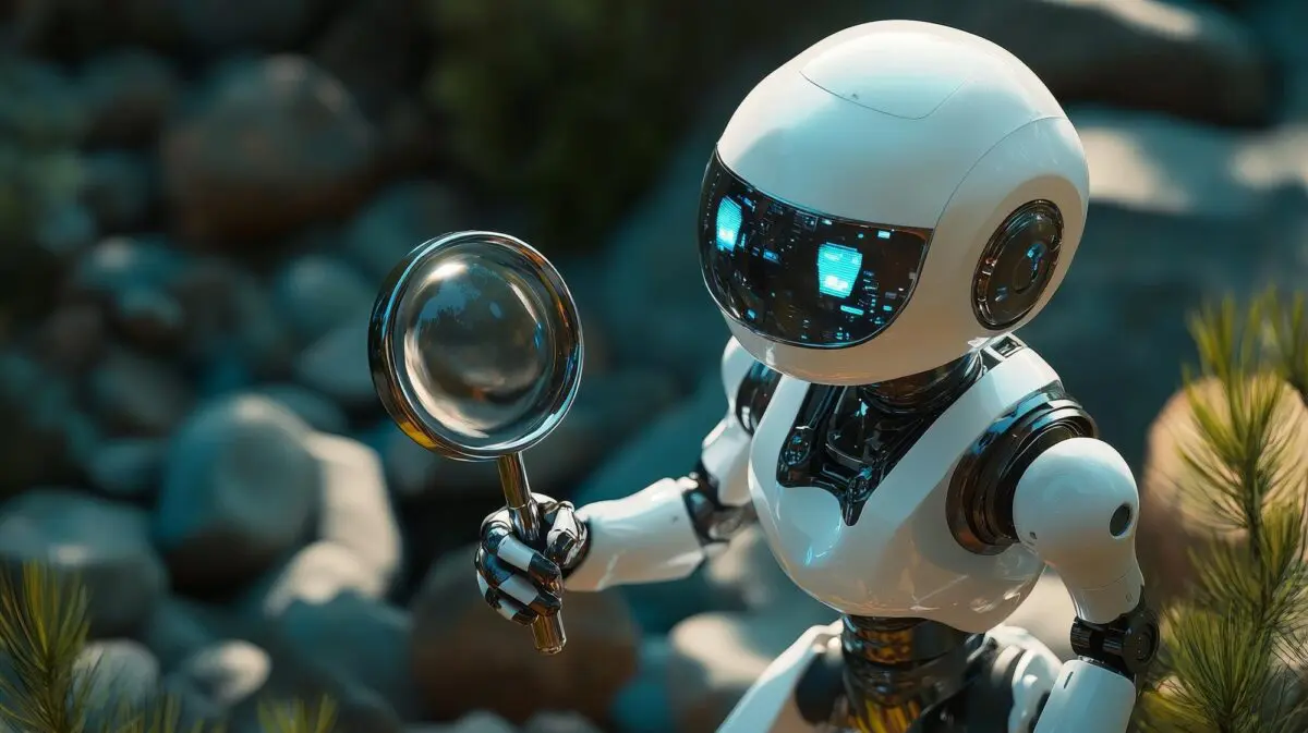 A white robot with glowing blue eyes holds a magnifying glass, symbolizing an AI Crawler investigating web data.