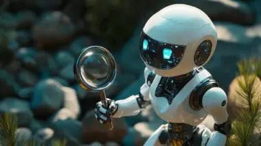 A white robot with glowing blue eyes holds a magnifying glass, symbolizing an AI Crawler investigating web data.