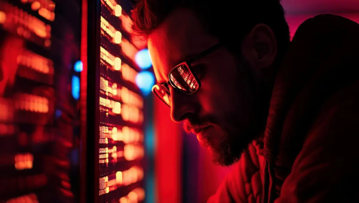 Close-up of a bearded man wearing reflective sunglasses looking intently at servers.
