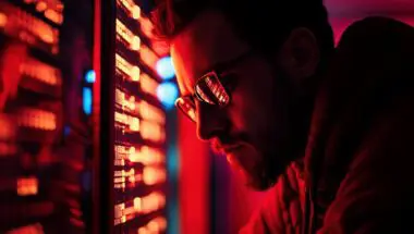 Close-up of a bearded man wearing reflective sunglasses looking intently at servers.