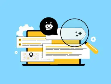 Flat vector illustration of a laptop screen with an AI chatbot icon, search results, and a magnifying glass.