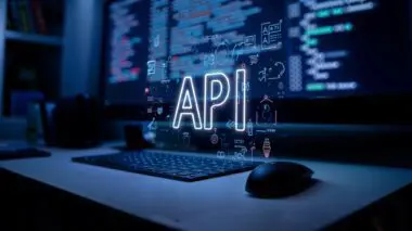 Glowing white text API floats above a keyboard and mouse, set against a dark monitor displaying code and data icons.