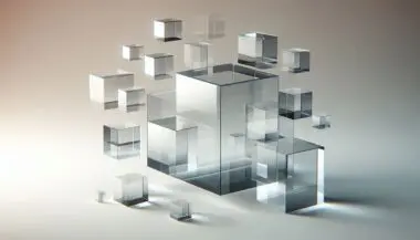 Floating clear glass cubes and prisms scatter across a soft, glowing background.