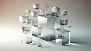 Floating clear glass cubes and prisms scatter across a soft, glowing background.