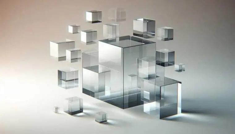 Floating clear glass cubes and prisms scatter across a soft, glowing background.