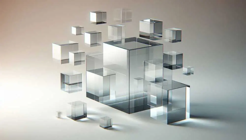 Floating clear glass cubes and prisms scatter across a soft, glowing background.
