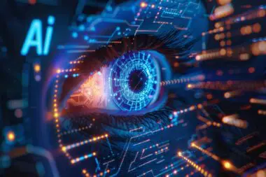 Close-up of a human eye overlaid with glowing blue digital circuits and the letters Ai in the corner.