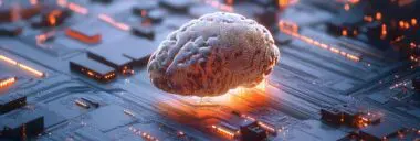 Glowing circuit brain model hovering over a dark motherboard with orange light accents.