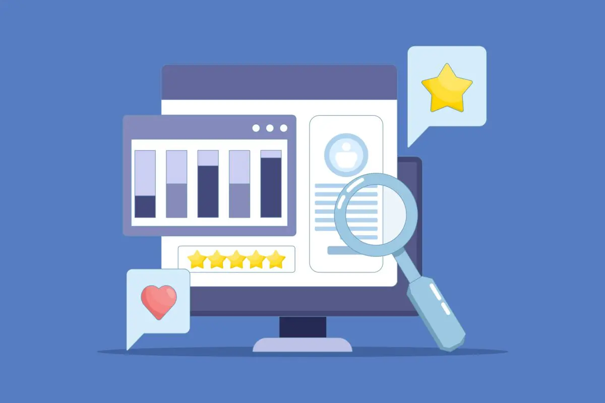 Flat vector illustration of a computer monitor displaying analytics, star ratings, a heart icon, and a magnifying glass.