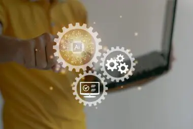 Person interacting with a holographic interface showing AI, gear, and computer icons.