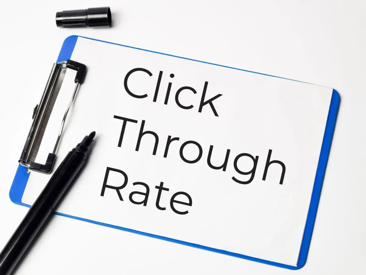 Click Through Rate text written on a clipboard with a black marker nearby.