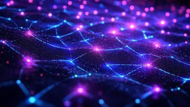 Abstract glowing network of interconnected nodes and data streams in deep blue and magenta.