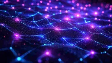 Abstract glowing network of interconnected nodes and data streams in deep blue and magenta.