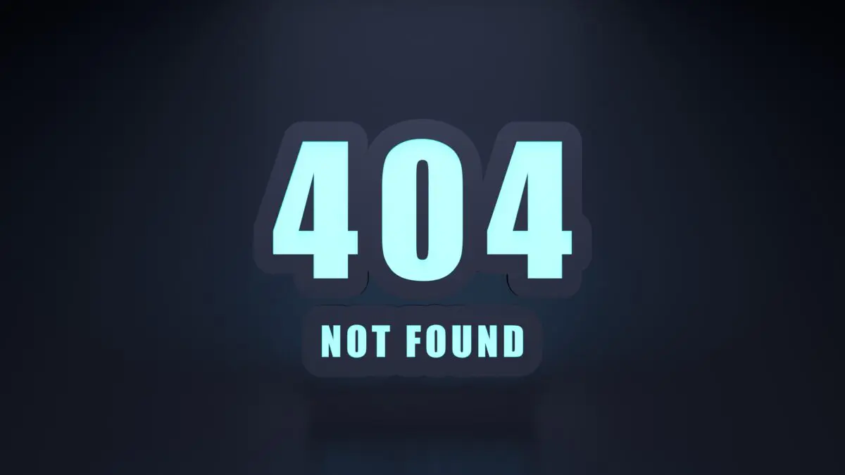 Bright cyan glowing 404 Not Found text on a dark navy background.
