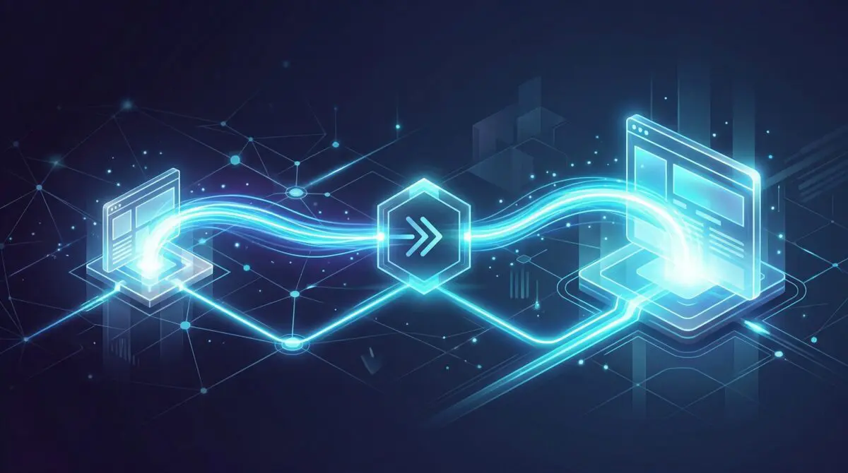 Glowing blue data stream connects two isometric computer screens across a dark network grid with a central hexagon icon.