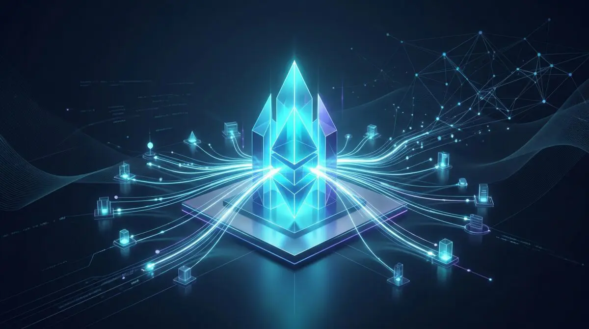Glowing blue Ethereum crystal structure connects to surrounding nodes via light streams, symbolizing a strong Domain Authority.