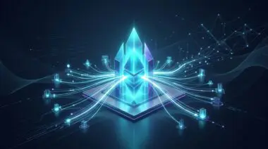 Glowing blue Ethereum crystal structure connects to surrounding nodes via light streams, symbolizing a strong Domain Authority.