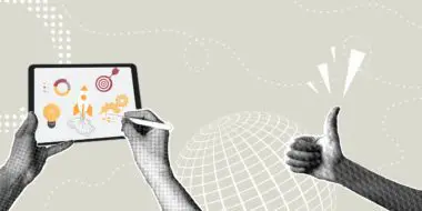 Collage illustration showing hands interacting with a tablet displaying startup icons and a thumbs-up gesture.