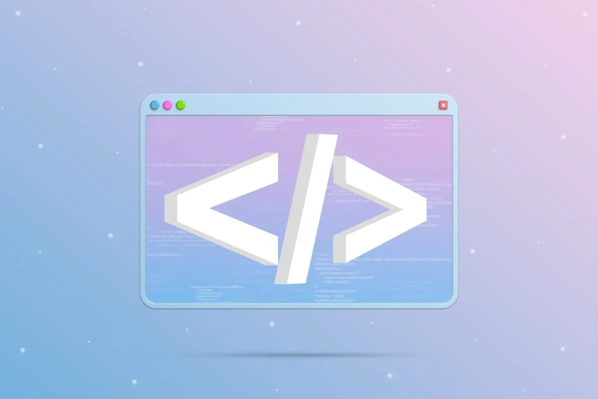 Large white code angle brackets overlay a translucent window displaying colorful programming script against a starry gradient.