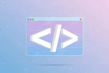 Large white code angle brackets overlay a translucent window displaying colorful programming script against a starry gradient.