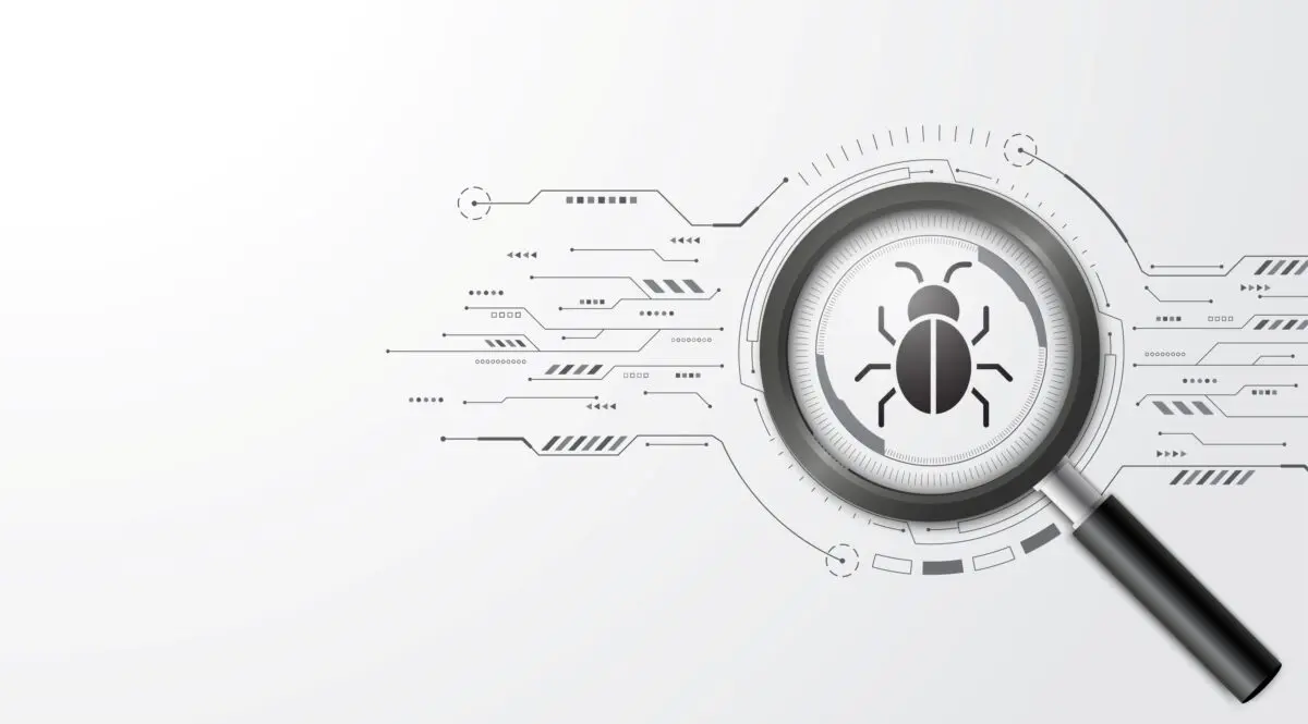 Magnifying glass focuses on a spider icon surrounded by abstract digital circuit lines on white symbolizing crawlability.