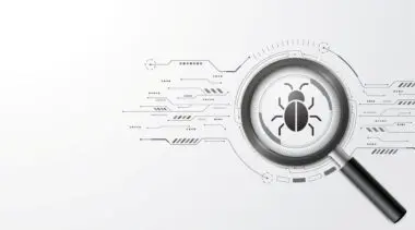 Magnifying glass focuses on a spider icon surrounded by abstract digital circuit lines on white symbolizing crawlability.