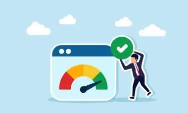 Businessman achieving good website performance score indicated by a gauge and checkmark.