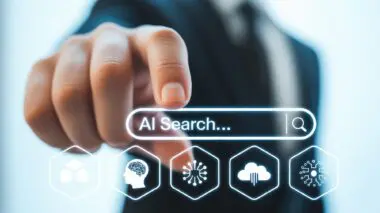 Finger pressing "AI Search..." on a futuristic interface, representing AI Overviews in Google SGE.