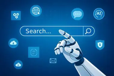 Robotic hand interacting with a search bar, symbolizing conversational search and AI integration.