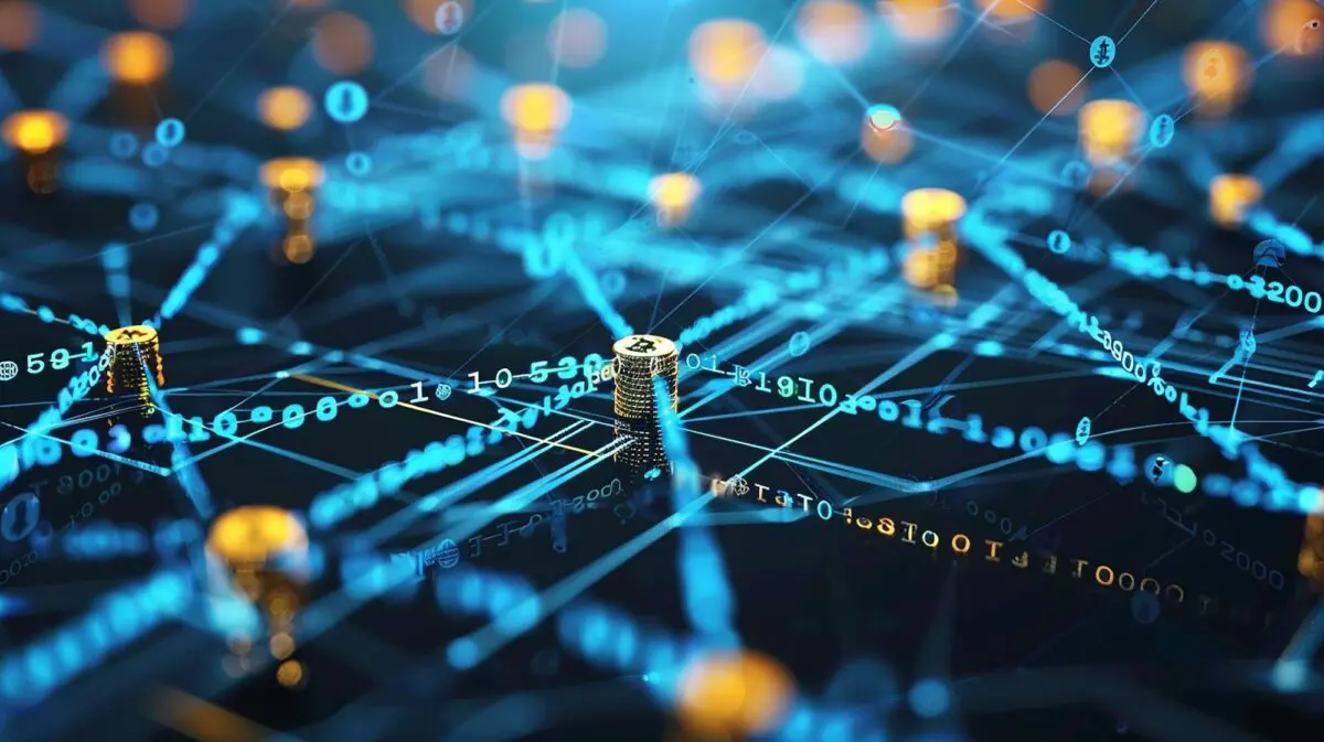 A glowing network of lines and nodes connects stacks of gold coins, representing the interconnectedness of Entity SEO.