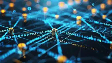 A glowing network of lines and nodes connects stacks of gold coins, representing the interconnectedness of Entity SEO.