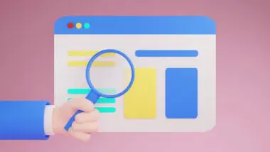 3D rendered hand holds a blue magnifying glass over a simplified browser window with colorful content blocks.