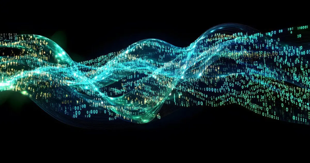 Abstract visualization of flowing binary code, representing the complex nature of an algorithm update.