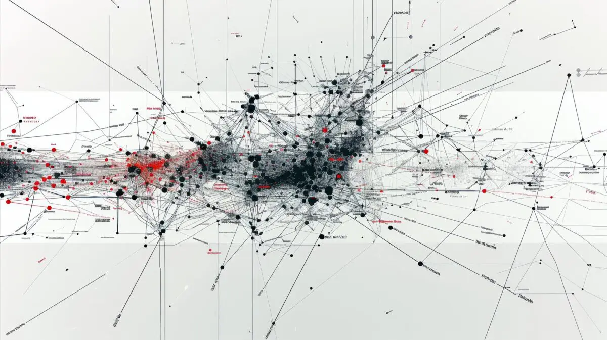 Abstract network diagram showing complex connections and nodes, representing the intricate and often hidden nature of cloaking techniques in SEO.