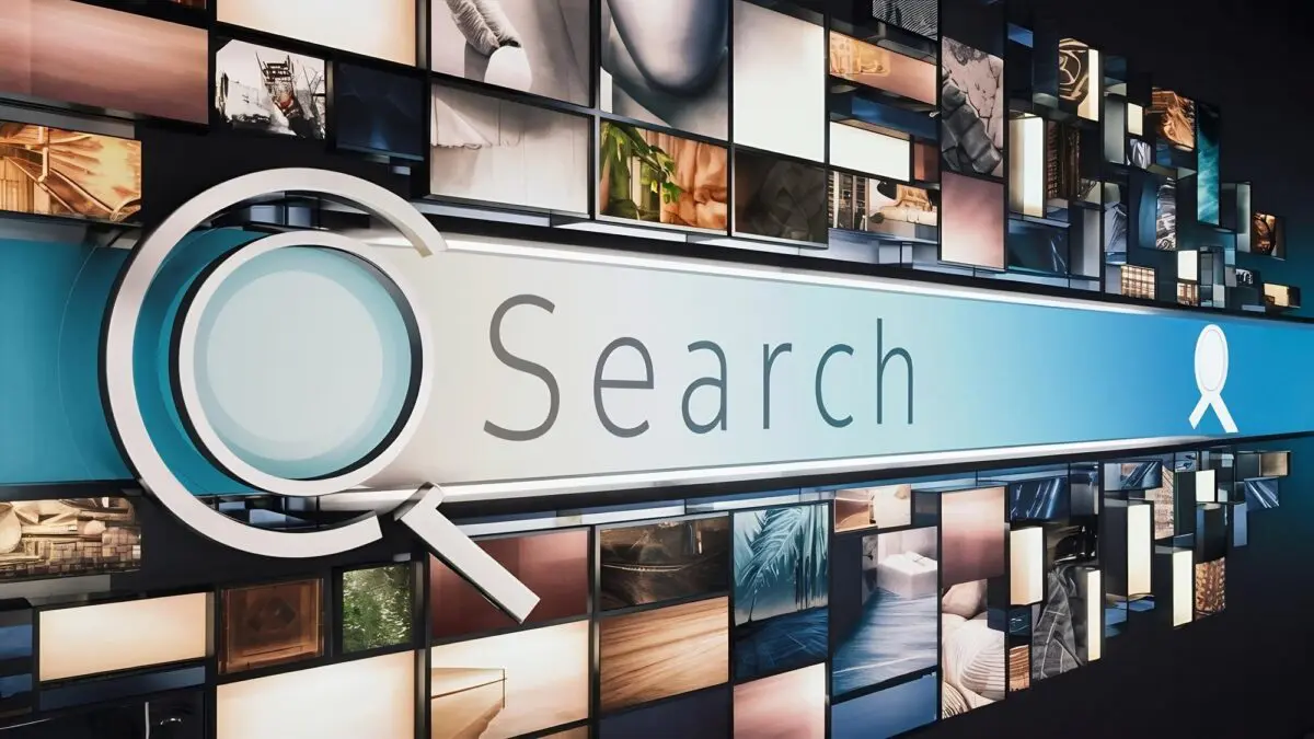 A magnifying glass over a search bar, surrounded by a wall of digital screens, symbolizing doorway pages.
