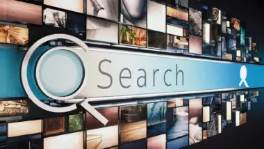 A magnifying glass over a search bar, surrounded by a wall of digital screens, symbolizing doorway pages.