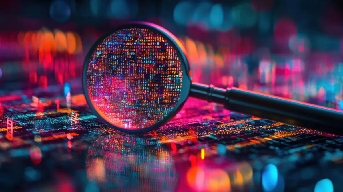 Magnifying glass examining digital data, representing A/B Testing for SEO analysis.