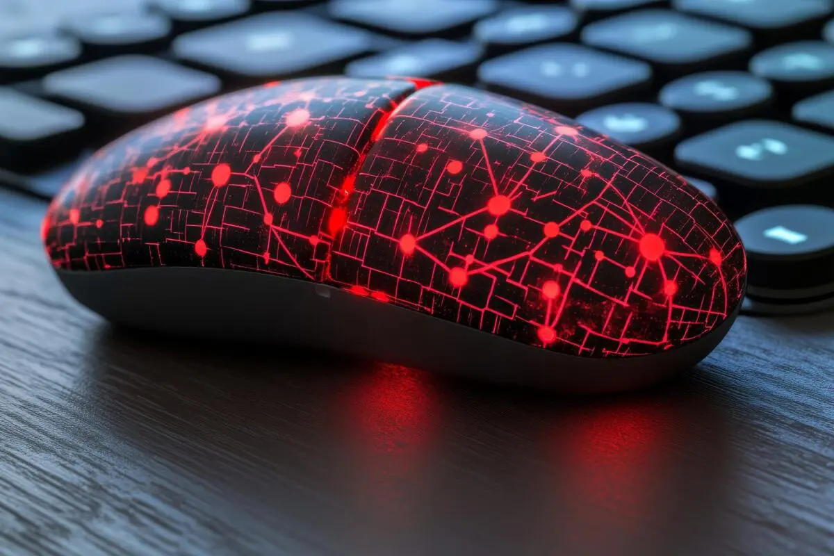 A futuristic computer mouse with a glowing red circuit board pattern, representing Black Hat SEO tactics.