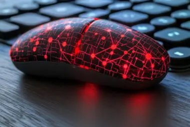 A futuristic computer mouse with a glowing red circuit board pattern, representing Black Hat SEO tactics.