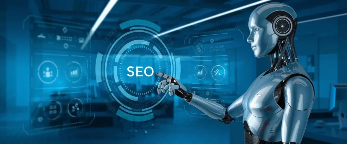 Robot arm touching a digital display showing 'SEO' and data analytics, symbolizing AI citation.