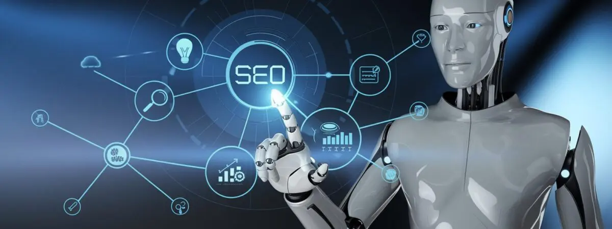 Humanoid robot interacting with a digital interface showing SEO and AI Agent concepts.