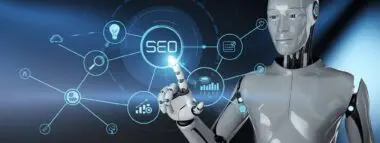 Humanoid robot interacting with a digital interface showing SEO and AI Agent concepts.