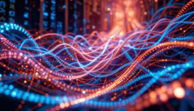 Abstract visualization of data streams representing web traffic flow and redirection, conceptualizing a 301 redirect.