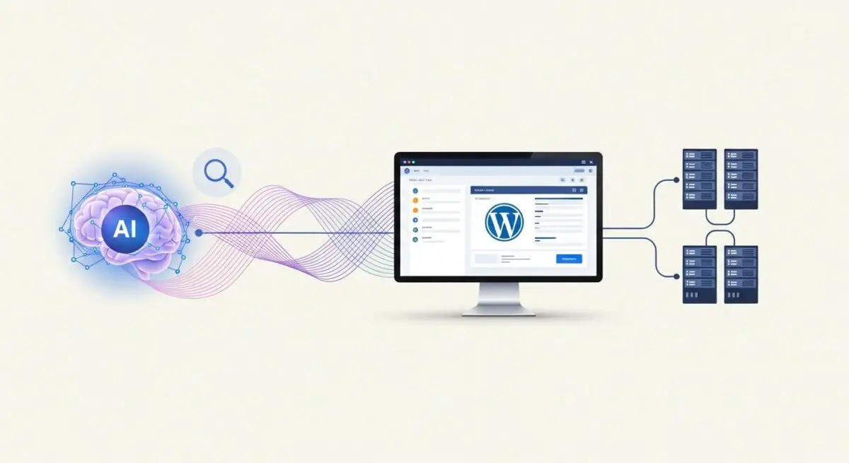 10Web AI brain icon connected to a computer displaying WordPress and server racks.
