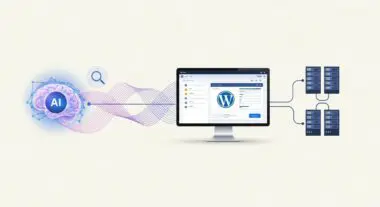 10Web AI brain icon connected to a computer displaying WordPress and server racks.
