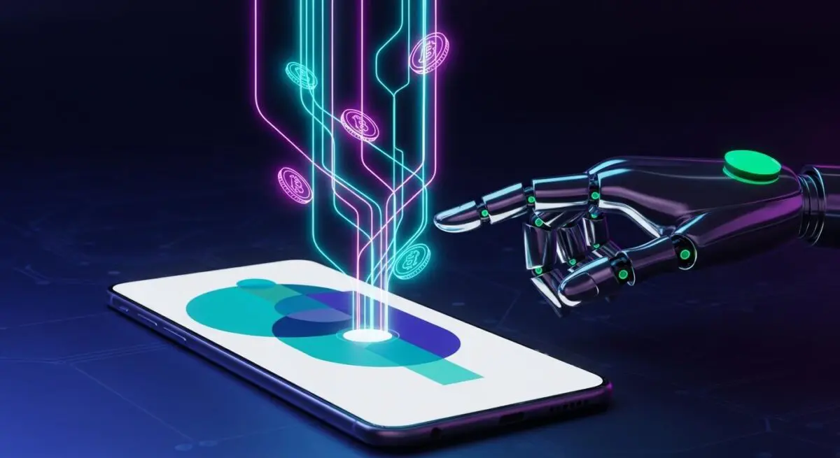 Robotic hand guides neon lines representing digital currencies into a smartphone for a guide to digital wallets.
