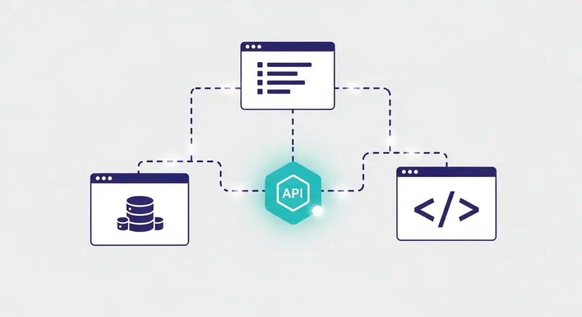 Diagram illustrating a central API endpoint connecting to databases and code.