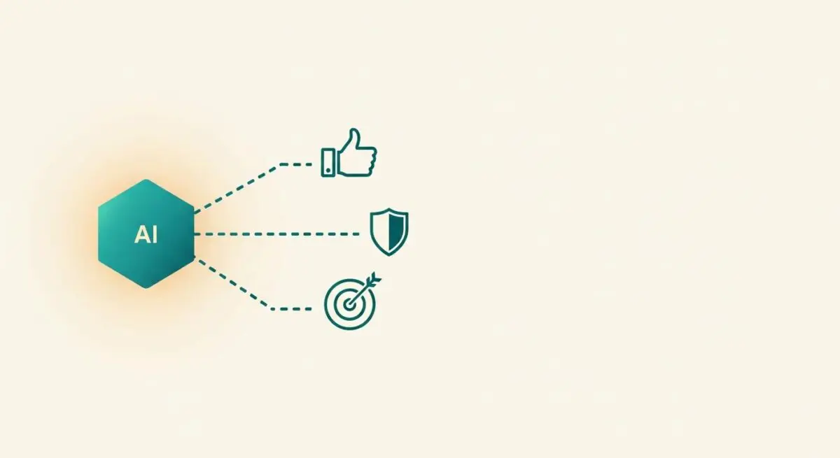Conceptual graphic showing AI connected to three outcomes: a thumbs up, a shield, and a target.