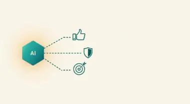 Conceptual graphic showing AI connected to three outcomes: a thumbs up, a shield, and a target.