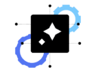 A black square featuring a white star icon is centered between two blue interlocking gears connected by dotted lines.